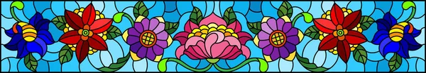 Ilustración en estilo vitral con remolinos abstractos, flores y hojas sobre fondo azul, orientación horizontal — Vector de stock