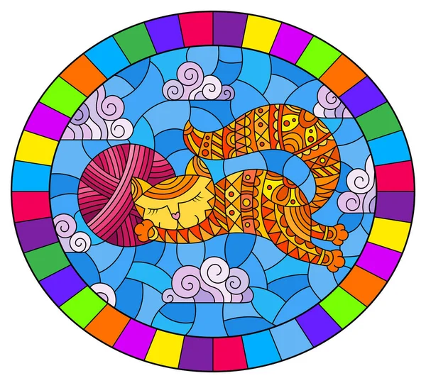 Ilustración vidriera de un gato rojo de dibujos animados abrazando una bola de hilo rosa en el fondo del cielo y las nubes, imagen ovalada en marco brillante — Vector de stock
