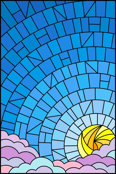 Ilustración en el estilo de vidrieras sol y nubes sobre fondo de cielo azul — Archivo Imágenes Vectoriales