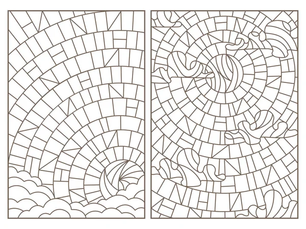 Uppsättning av kontur illustrationer i målat glas stil med abstrakt himmelska landskap, mörka konturer på vit bakgrund — Stock vektor
