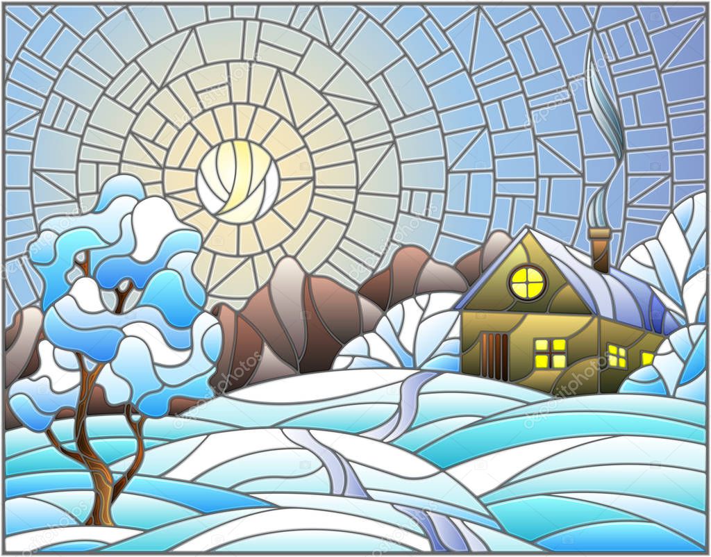 Illustration in stained glass style landscape with a lonely house amid snow,sun and sky