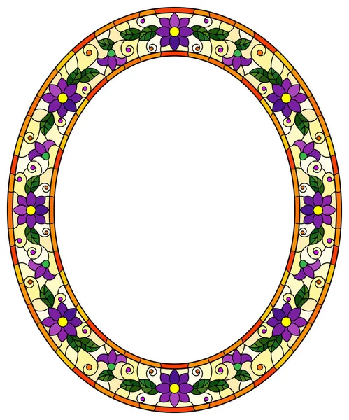 Ilustração em moldura de flor estilo vitral, flores roxas brilhantes e folhas em moldura amarela em um fundo branco, imagem oval — Vetor de Stock