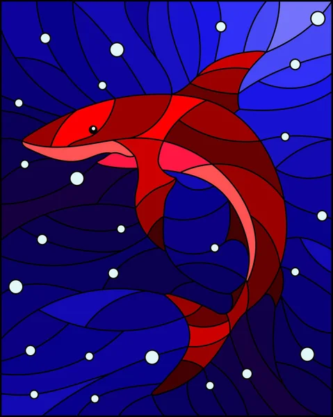 Illustration im Stil der Glasmalerei mit abstrakten roten Haien auf dem Hintergrund von Wasser- und Luftblasen — Stockvektor