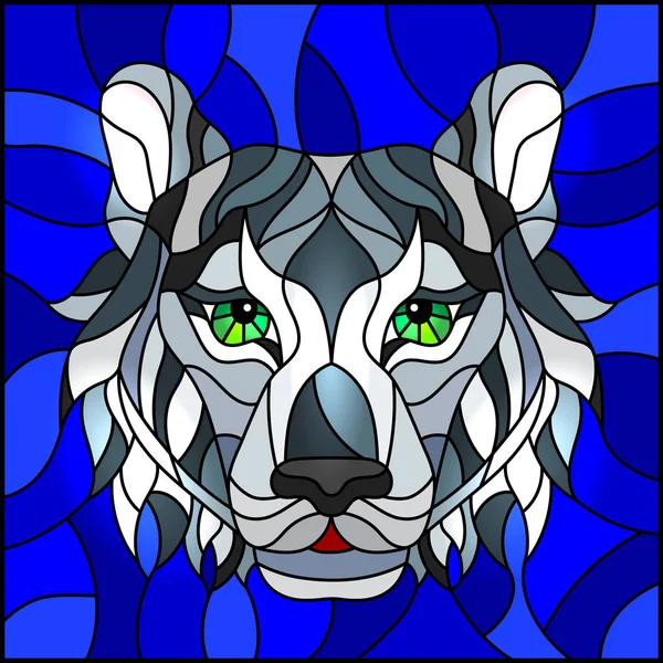 La ilustración en pintura estilo vitral con la cabeza de un tigre blanco sobre un fondo azul — Vector de stock