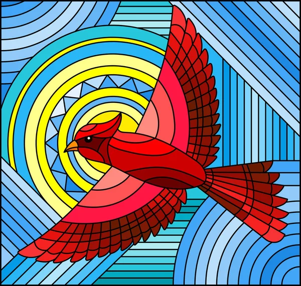 青色の背景に赤い鳥の抽象的な幾何学的なステンド グラス仕立てのイラスト — ストックベクタ