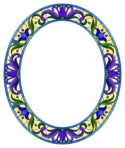 Ilustración en marco de flores estilo vitral, flores de color azul brillante y hojas en marco sobre un fondo blanco, imagen ovalada — Vector de stock