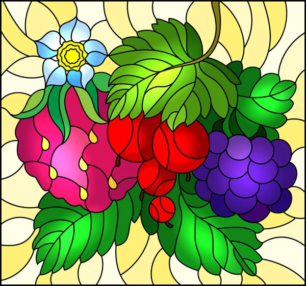 带有成熟浆果和黄色背景叶子的彩色玻璃样式的图解 — 图库矢量图片