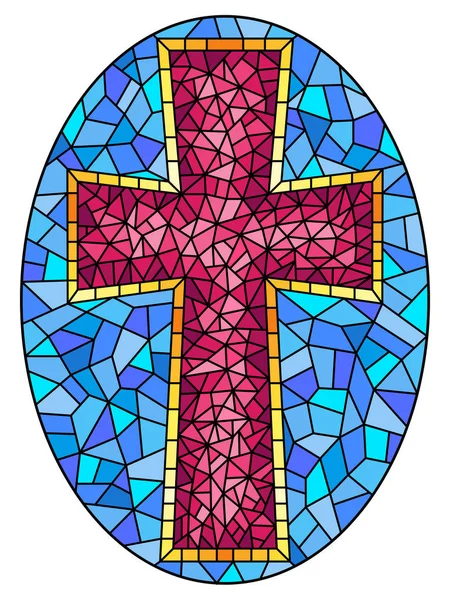 Ілюстрація на вітражі на релігійних темах, вітраж у вигляді рожевого християнського хреста, на синьому тлі, овальний образ. — стоковий вектор