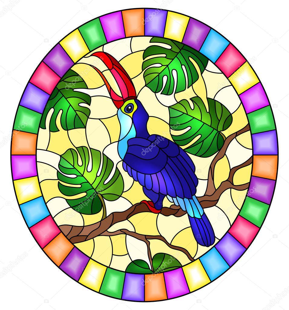 Illustration in stained glass style with abstract blue bird Toucan on branch tropical tree against on a yellow background, oval image in bright frame