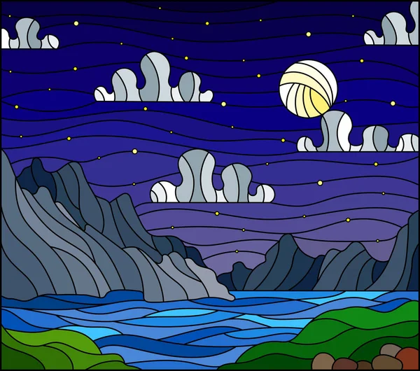 用色彩斑斓的玻璃窗画图 风景秀丽 后山是湖泊 月亮是夜空中的星星 — 图库矢量图片