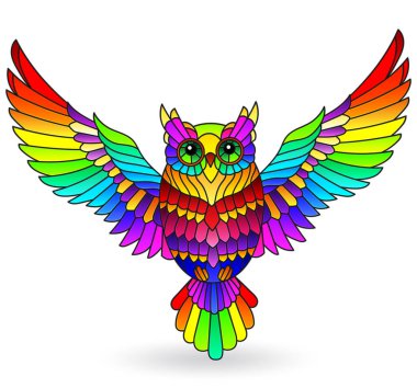 Gökkuşağı baykuşaklı lekeli cam çizimler, beyaz arka planda izole edilmiş parlak bir kuş.