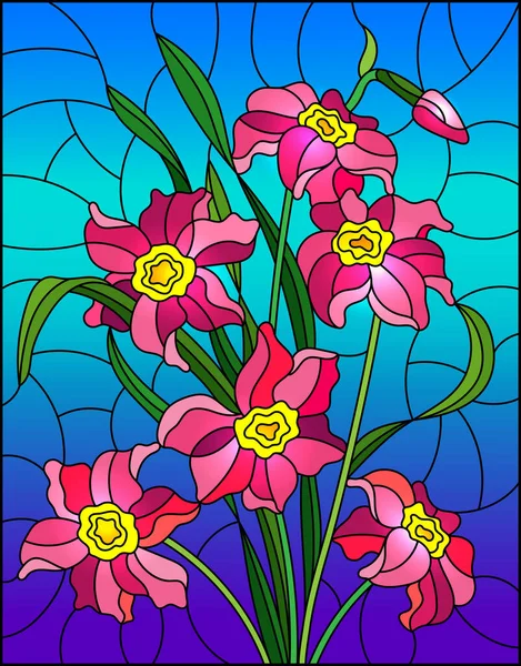Ilustracja Stylu Witrażu Jasnoróżowymi Kwiatami Niebieskim Tle Prostokątny Obraz — Wektor stockowy