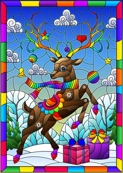 Ilustración Estilo Vidrieras Sobre Tema Las Vacaciones Invierno Ciervos Dibujos — Vector de stock
