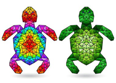 Beyaz bir zemin üzerinde izole edilmiş parlak kaplumbağalarla boyalı cam tarzında çizimler.