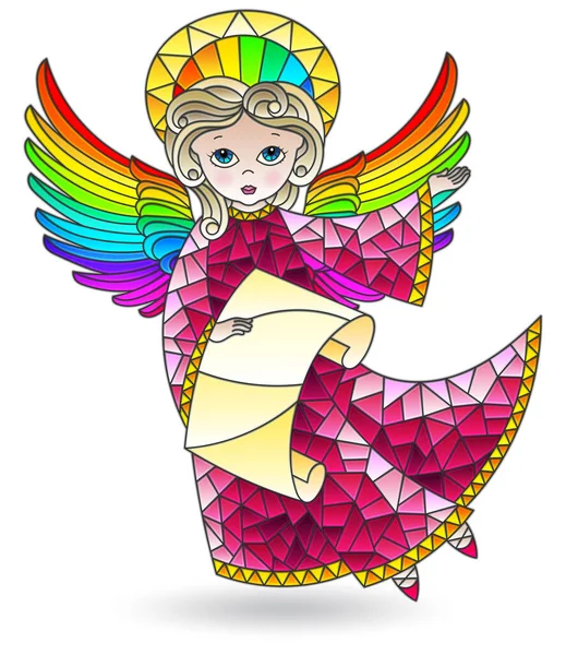 Stained Glass Illustration Cute Cartoon Angel Scroll Coloured Figure Isolated — Stock Vector