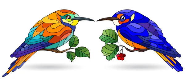 Série Illustrations Vitrail Avec Oiseaux Brillants Animaux Sur Branches Isolés — Image vectorielle