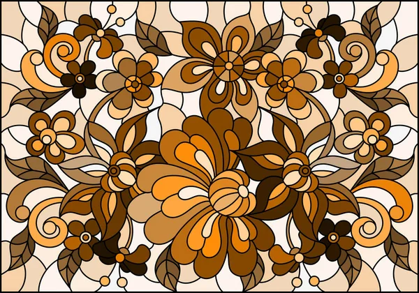 Illustration Vitrail Avec Des Fleurs Des Feuilles Abstraites Ton Brun — Image vectorielle