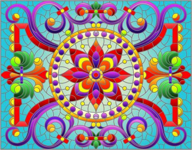 Mavi arka planda soyut girdaplar, çiçekler ve yapraklar ile boyalı cam tarzında resim, yatay yönelim