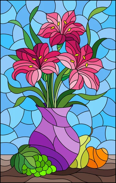 Иллюстрация Витражном Стиле Букетами Ярких Цветов Лилии Фиолетовом Кувшине Груше — стоковый вектор