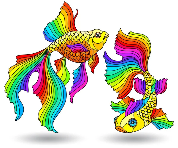 Set of stained glass elements with rainbow aquarium fishes , fish isolated on white background — Stock Illustration Set Stained Glass Elements Rainbow Aquarium Fishes Fish Isolated White Vector Graphics
