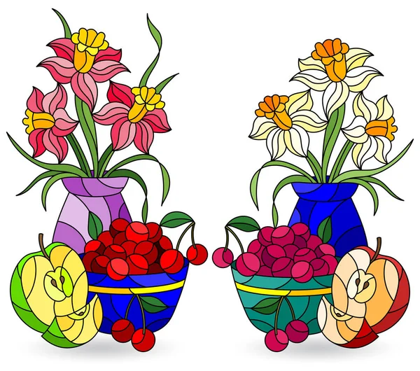 Set Illustraties Glas Lood Stijl Met Stillevens Vruchten Bloemen Geïsoleerd — Stockvector