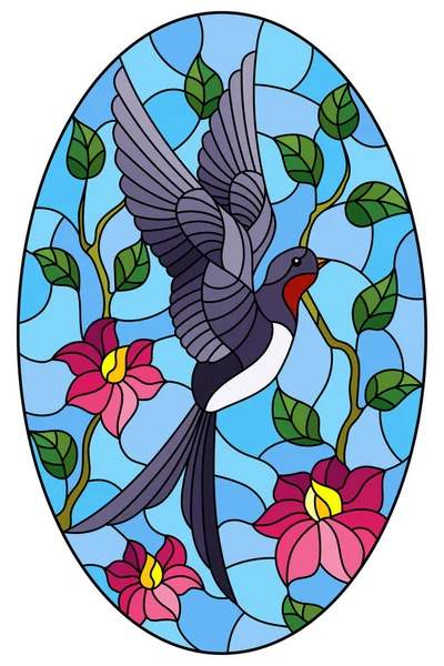 Illustration Glasmalereistil Mit Einem Schwalbenvogel Auf Dem Hintergrund Von Ästen — Stockvektor