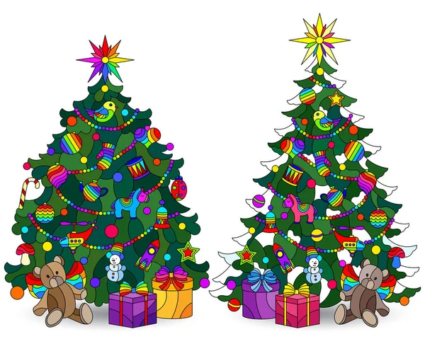 Ensemble Illustrations Vitrail Avec Des Arbres Noël Des Cadeaux Figures — Image vectorielle
