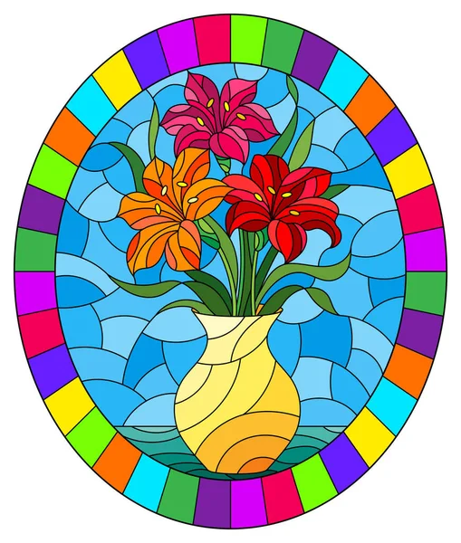 Illustration Style Vitrail Avec Des Bouquets Fleurs Lys Lumineux Dans — Image vectorielle