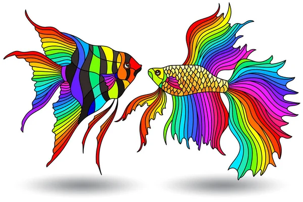 Set of stained glass elements with bright rainbow aquarium fishes , fishes isolated on white background — Stock Illustration Set Stained Glass Elements Bright Rainbow Aquarium Fishes Fishes Isolated Royalty Free Stock Illustrations