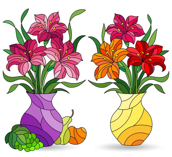 一套色彩斑斓的玻璃图案 花朵静止不动 百合花朵装在花瓶中 白色背景隔离 — 图库矢量图片