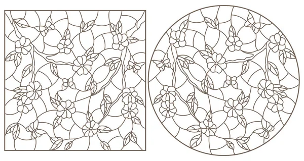 一套色彩斑斓的玻璃风格的等高线插图 枝条开花的树和蝴蝶 白色背景上的深色轮廓 — 图库矢量图片