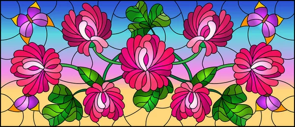 Illustration Stained Glass Style Pink Flowers Butterflies Sky Background Horizontal — Stock Vector