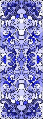 Soyut çiçekleri, açık arkaplanda girdapları ve yaprakları, yatay oryantasyonu, mavi tonu ile boyalı cam tarzında resmetme