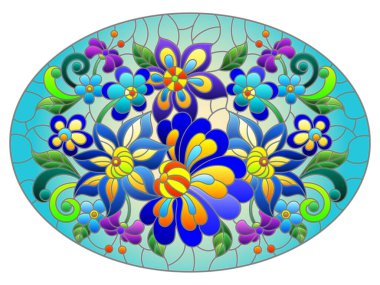 Parlak soyut çiçekleri ve sarı arkaplanda yaprakları olan boyalı cam tarzı bir resim, oval resim