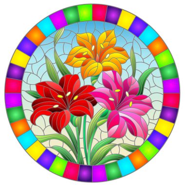 Mavi arkaplanda parlak zambakların çiçek, yaprak ve tomurcukları, parlak bir çerçeve içinde yuvarlak bir görüntü ile boyalı cam tarzında cazibe