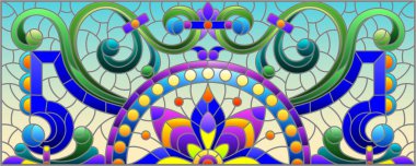 Soyut girdapları, çiçekleri ve yaprakları sarı arka planda, yatay yönelimli, boyalı cam tarzında resimleme