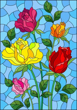 Mavi arka planda bir buket gülle boyalı cam bir resim.