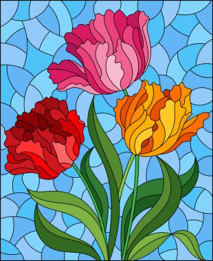 Gökyüzü arka planında renkli lalelerden oluşan bir buket ile renklendirilmiş cam tarzında bir resim