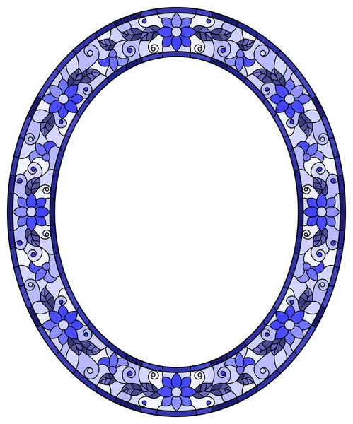 ステンドグラス風の花枠 青い花と白い背景の葉のイラスト 楕円形のイメージ — ストックベクタ