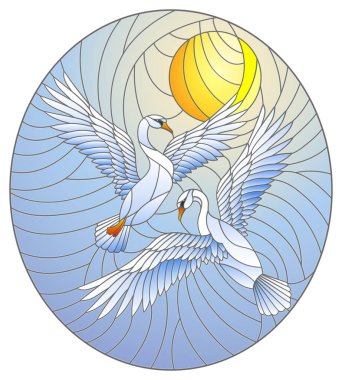 Mavi gündüz gökyüzünün arka planında bir çift kuğu olan boyalı cam bir resim, oval resim