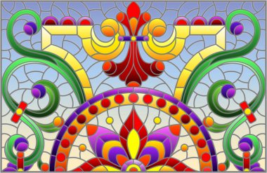 Mavi arka planda soyut girdaplar, çiçekler ve yapraklar ile boyalı cam tarzında resim, yatay yönelim