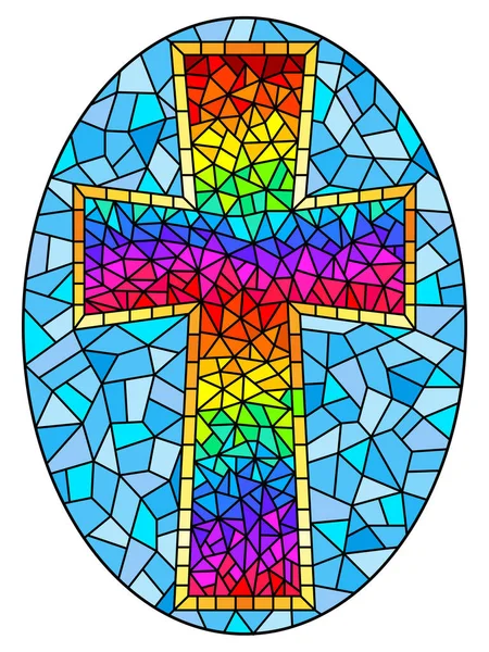 宗教的なテーマでステンドグラスのスタイルの絵画のイラスト 虹キリスト教の十字架の形でステンドグラスの窓 青の背景に 楕円形の画像 — ストックベクタ