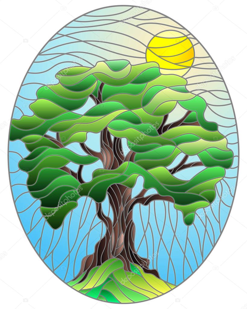 Illustration in stained glass style with green tree on sky background and sun, oval image