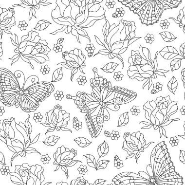 Gül çiçekleri ve kelebeklerle kusursuz desenler, beyaz arka planda koyu renkte çiçekler ve böcekler.