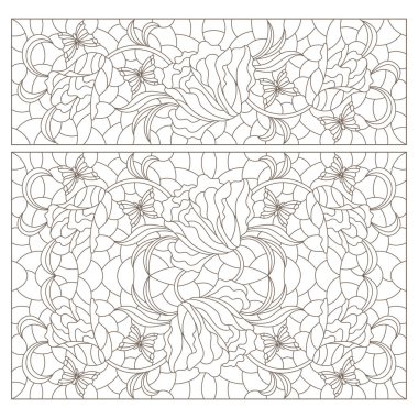 İç içe geçmiş laleler, beyaz arka planda koyu renk çizgiler olan boyalı camların çizimleri.