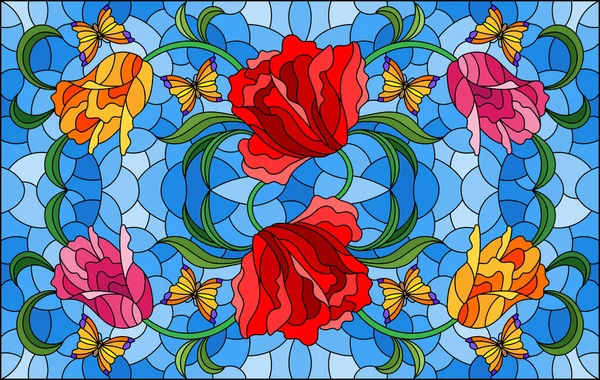 Illustration Glasmalereistil Mit Einem Blumenarrangement Aus Tulpen Und Schmetterlingen Auf — Stockvektor
