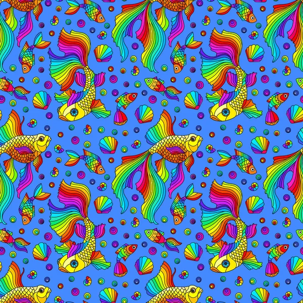 Seamless Pattern Marine Theme Bright Rainbow Fish Shells Bright Fish — Stock Vector