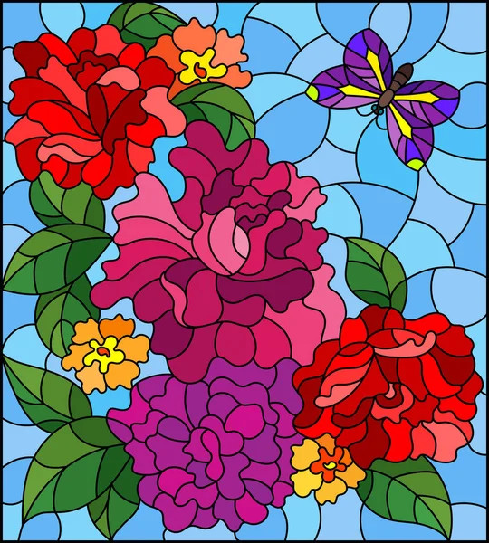 Εικονογράφηση Βιτρό Στυλ Τριαντάφυλλο Λουλούδια Και Μια Πεταλούδα Μπλε Φόντο — Διανυσματικό Αρχείο