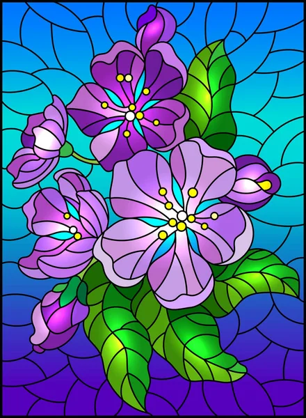 Ilustracja Stylu Witrażu Gałązką Kwiatową Fioletowymi Kwiatami Pączkami Liśćmi Tle — Wektor stockowy