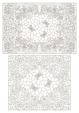 Üzerinde güller ve kelebekler olan boyalı camların çizimleri, beyaz arka planda koyu çizgiler.